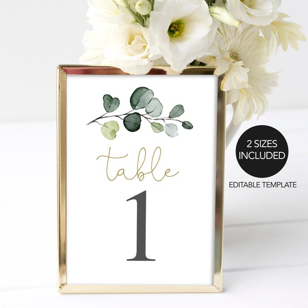 Table Number Sign Printable, Wedding Table Numbers, Eucalyptus Wedding Table Decor, Editable Instant Download, 100% EDITABLE TEXT, P33