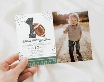 Football Photo Birthday Invitation, First Year Down, Game On, Football Picture Invite, Editable First birthday Template, Boy Birthday, a98