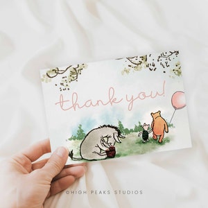Gefaltete Dankeskarte druckbare, klassische Geburtstags-Dankeskarte von Winnie the Pooh, Pooh Bear-Babyparty-Dankeschön, bearbeitbare DIGITALE Datei a70g