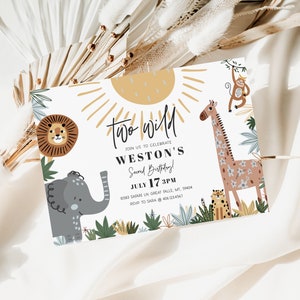 Two Wild Second Birthday Invitation BOy, Safari 2nd birthday Invite, Boho Jungle Animal Party Evite, Editable DIGITAL Invite Download a89b