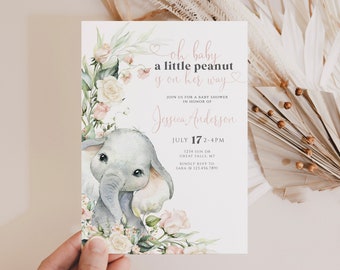 Elephant Baby Shower Invitation Template, A little Peanut is on Her Way Invite, Safari Girl Baby Animal, Editable Download EDIT ALL TEXT a93