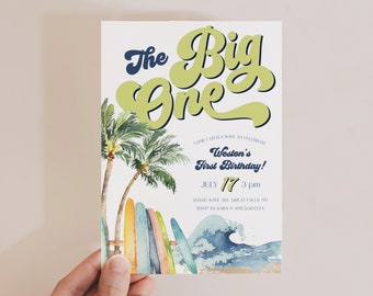 Editable First Birthday Invitation Boy The Big ONE Surfing birthday Invite Retro Boy Surf Surfboard Beach Party, DIGITAL Invite Download a85