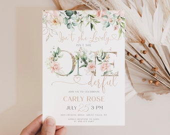 First Birthday Invitation Girl, Baby Girl birthday Invite template,Blush Pink Flowers Gold accents, Isn't she lovely Isn't She Onederful a83