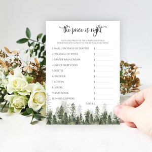 May include: A printable baby shower game card with the title "The Price is Right". The game asks guests to guess the price of various baby essentials, such as diapers, wipes, and baby food.
