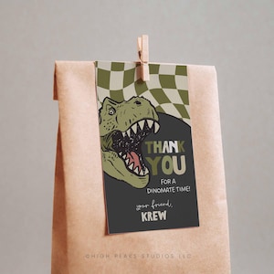 Dinosaur Party Thank You Tag Printable, Retro t-rex Favor Gift Label, Editable Canva File, hps804