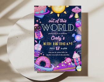 Cosmic Galaxy Birthday Invitation Girl Printable, Cosmic Candy Retro Party Template, Out of this World, Candy Sweets Birthday Canva a136