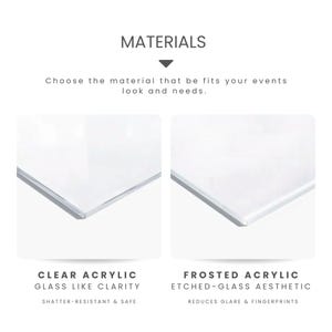 Pu&ograve; includere: Immagine che confronta materiali acrilici trasparenti e smerigliati. Il testo recita "MATERIALI" e "Scegli il materiale che si adatta all'aspetto e alle esigenze dei tuoi eventi". L'acrilico trasparente &egrave; descritto come "chiarezza simile al vetro" e "antifrattura e sicuro".