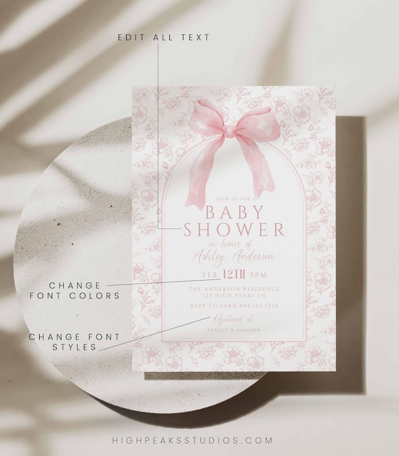 May include: A pink and white baby shower invitation with a pink bow and floral pattern. The text reads "Join us for a Baby Shower in honor of Ashley Anderson, Feb. 12th, 3PM, The Anderson Residence, 121 High Pears Ln, RSVP to Sara 408-123-1234, Registered at Target & Amazon."