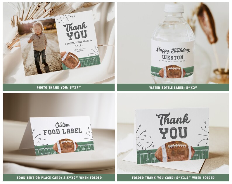 May include: Printable football-themed party decorations, including a photo thank you card, a water bottle label, a food tent card, and a folded thank you card. The designs feature a football, a green field, and the text "Thank You" and "Happy Birthday Weston".