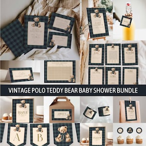 Puede incluir: Un conjunto de papelería para baby shower con un tema de oso de peluche polo vintage. El conjunto incluye invitaciones, letreros, etiquetas y pancartas. Los diseños presentan un patrón de cuadros en azul marino y verde, con una ilustración de oso de peluche.