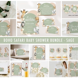 Paquete de imprimibles de safari bohemio para baby shower, paquete de invitaciones de safari en color salvia, set de decoración de safari editable e imprimible, animales bebés, A72S