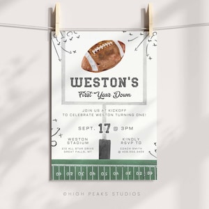 May include: A green and white football field with a football goal post and a brown football. The text "WESTON'S First Year Down" is at the top of the image. The text "SEPT. 17 @ 3PM" is below the football. The text "WESTON STADIUM 213 ALL STAR DRIVE GREAT FALLS, MT" is on the left side of the image. The text "KINDLY RSVP TO COACH SMITH @ 406.550.3455" is on the right side of the image. The text "HIGH PEAKS STUDIOS" is at the bottom of the image.