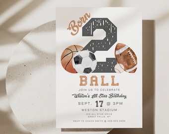 Invitación imprimible para segundo cumpleaños de niño, cumpleaños de dos deportes de pelota, plantilla editable de invitación deportiva All Star, baloncesto Evite a121