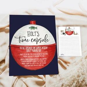 Afdrukbare sjabloon vissen Time Capsule, BEWERKBARE vissen eerste verjaardag, Ofishaly verjaardagswensen, vissen Bobber DIY digitale bestanden, a32