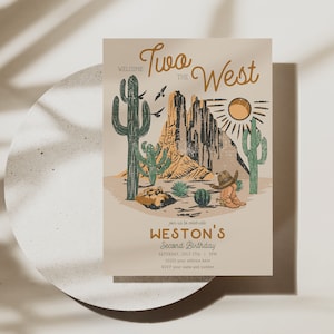 Willkommen TWO the West Zweiter Geburtstagseinladung zum 2.Geburtstag, Western Cowboy2nd Geburtstagseinladung, Wüste Wilder Westen Canva Vorlage, A151