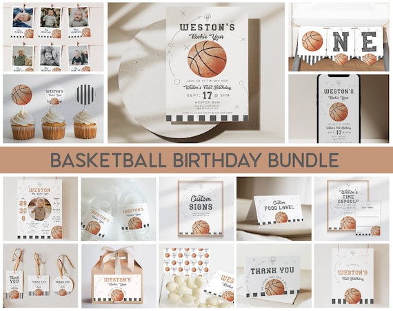 Basketball Printable First Birthday Invitation Bundle, All Star Set, Rookie Year,Vintage Sport Party Theme,Digital CANVA Template a132
