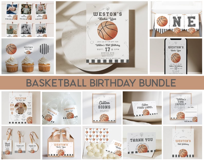 May include: A basketball-themed birthday party printable bundle with a variety of items, including invitations, cupcake toppers, food labels, thank you tags, and a time capsule. The graphics feature a basketball with black and white stripes and the text "Weston's Rookie Year".