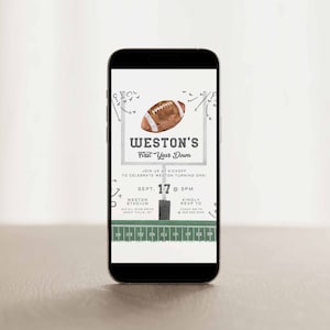 May include: A digital invitation for a first birthday party with a football theme. The invitation features a football in a goal post with the text "Weston's First Year Down" and details for the party, including the date, time, and location.