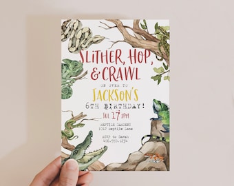 Invitación de cumpleaños editable de reptil para niño, plantilla de invitación de cumpleaños de lagarto, fiesta de serpientes, invitación de cumpleaños editable para cualquier edad, edición de texto, a84