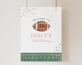 Football Birthday Welcome Poster Editable, Girl Birthday  Signage, Vintage Football First year down Canva Digital Download Printable A98g