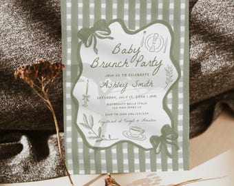 Editable Neutral Baby Brunch Party Invitation, Hand Drawn Baby Sprinkle Invite Template, Gingham Gender Reveal, Sage Green Canva file,HPS606