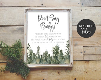 Don't Say Baby Game Sign Printable, Rustic Baby Shower Games, Woodland Shower, Evergreen Greenery, 8x10 & 5x7 Sign, Instant Download, P14