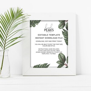 Pode incluir: Um modelo imprim&iacute;vel com moldura branca com o texto "High Peaks Studios" e "Modelo edit&aacute;vel Download instant&acirc;neo". Folhas verdes e uma fronde de palmeira num vaso de vidro adicionam um toque natural.