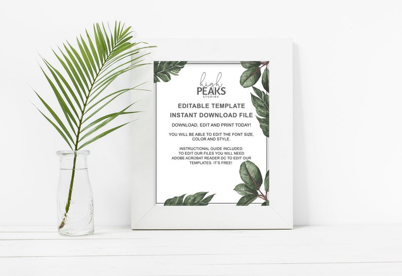 Pode incluir: Um modelo imprim&iacute;vel com moldura branca com o texto "High Peaks Studios" e "Modelo edit&aacute;vel Download instant&acirc;neo". Folhas verdes e uma fronde de palmeira num vaso de vidro adicionam um toque natural.