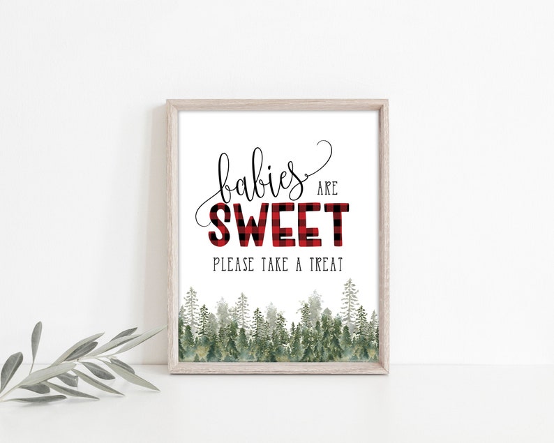 Lumberjack Babies are Sweet Treat Table Sign Printable, Rustic Pine Trees, Buffalo Check, Woodland Baby Shower, Instant Download, A01 image 1