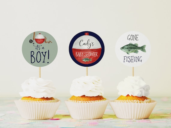 Fishing Cupcake Toppers, Boy Baby Shower Cake Topper Printable, O-fish-aly  Fishing Bobber Cupcake Topper, DIY Baby Cupcake Toppers, A32 
