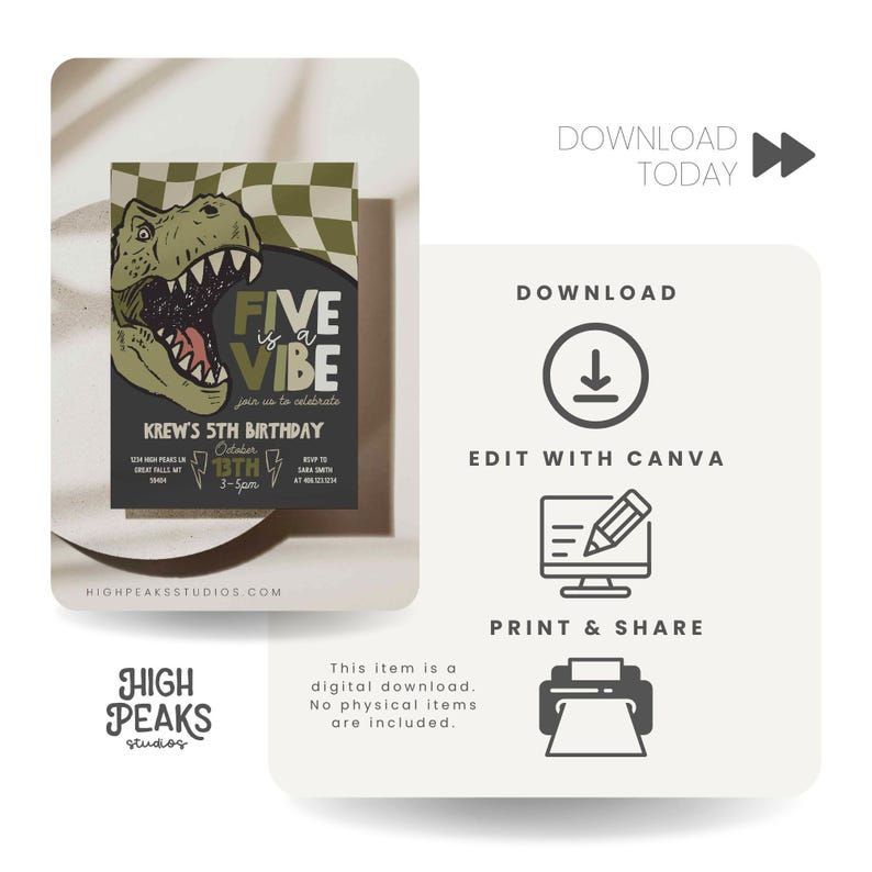 May include: A digital birthday invitation with a dinosaur graphic and the text "FIVE is a VIBE." The invitation includes the text "Krew's 5th Birthday" and event details. The design features a green and black checkered pattern.