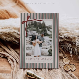 Editable Red and Sage Stripe Christmas Card Template, Holiday Family DIY Photo Canva File