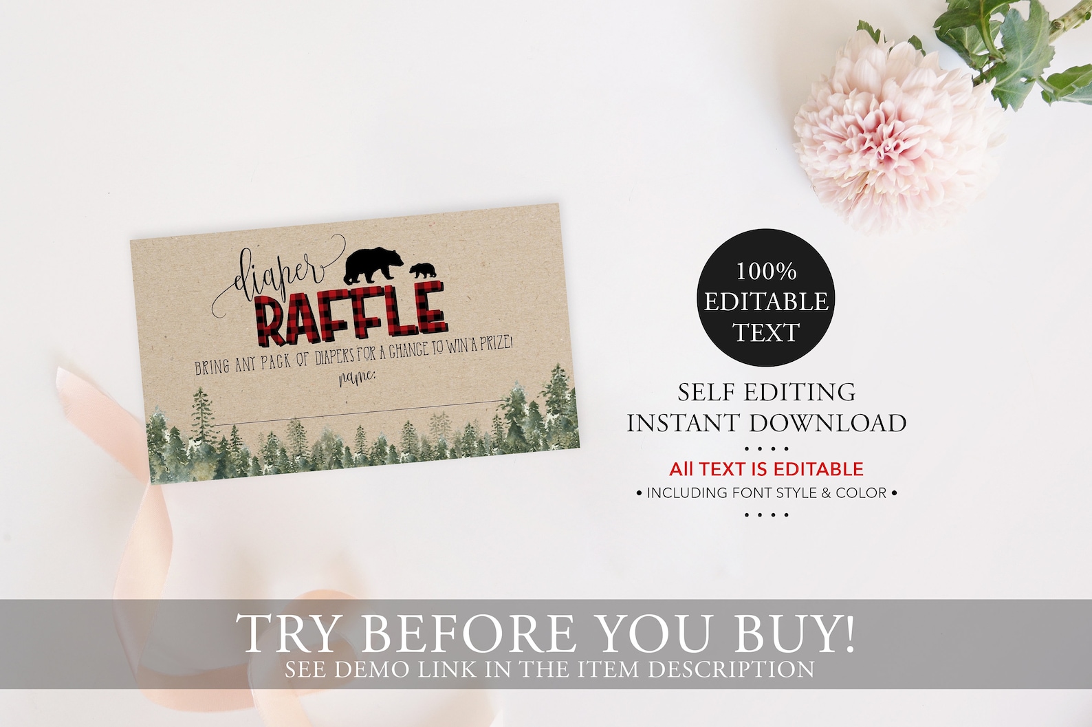 Lumberjack Diaper Raffle Ticket Template Wilderness Bear Baby - Etsy