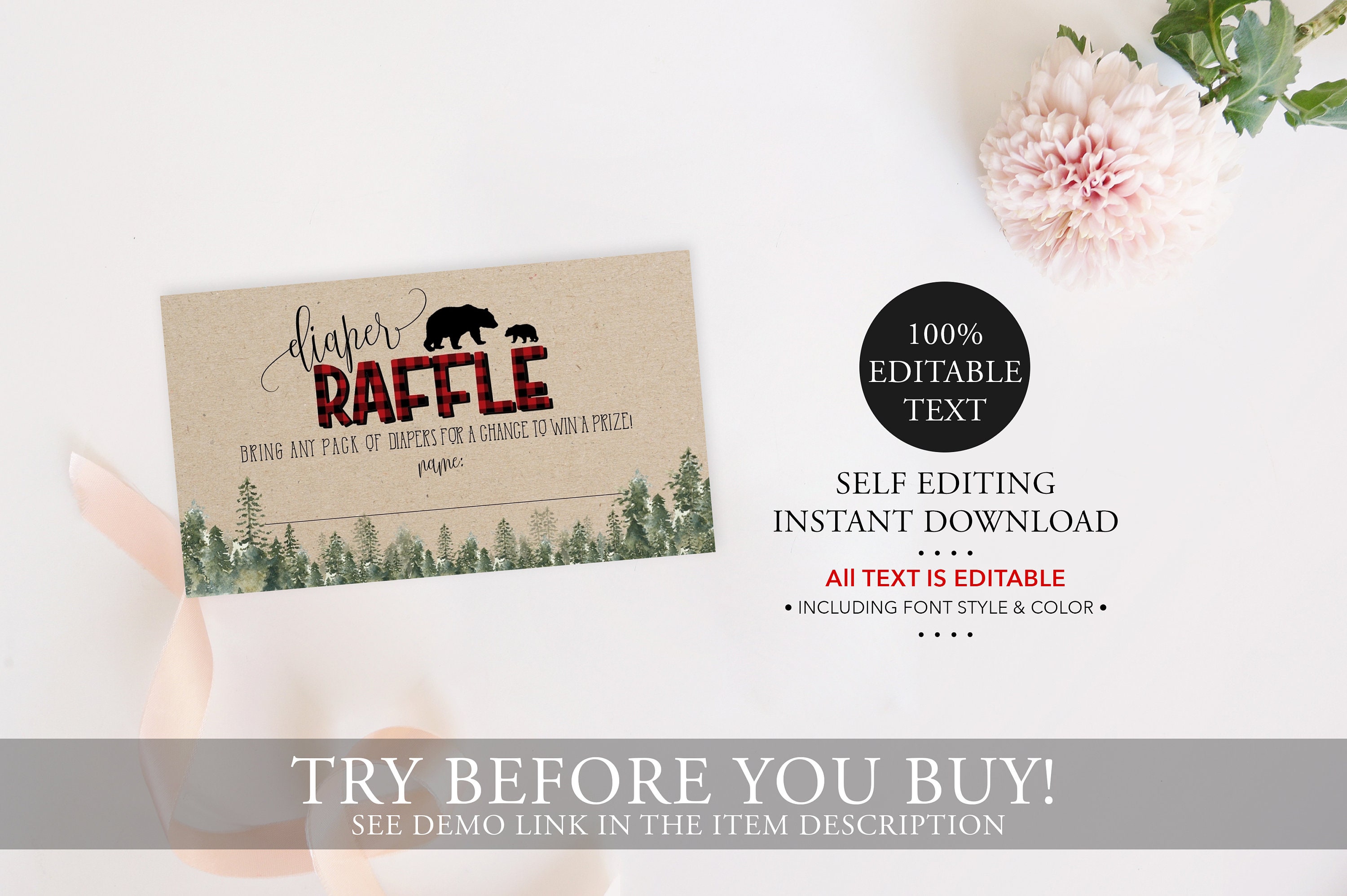 Lumberjack Diaper Raffle Ticket Template Wilderness Bear Baby - Etsy