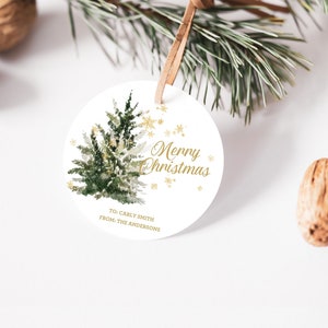 Circle Christmas Favor Tags Holiday Gift Tags Merry Christmas Holiday Tags Holiday Labels Tree Gold Download Printable Template Canva 002c