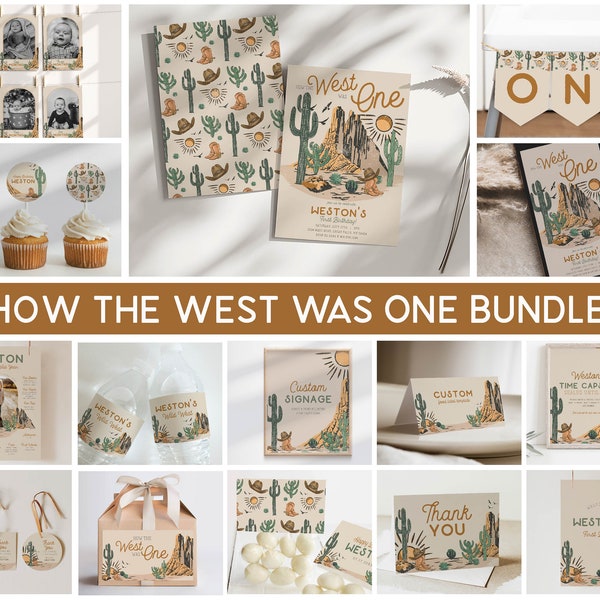 How The West Was ONE Birthday Invitation Bundle Printables, Wild West First Birthday Editable Decor, Canva File Large Bundle Templates, A151