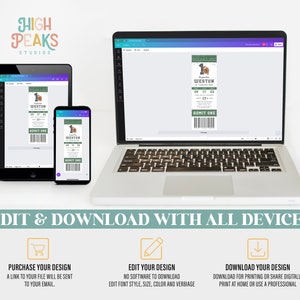 May include: A digital mockup of a printable football ticket invitation. The ticket is green and white with a football graphic and the text "Weston's 1st Football Game" and "03 17 23". The text "ADMIT ONE" is printed on the ticket. The mockup shows the ticket on a laptop, tablet, and smartphone.