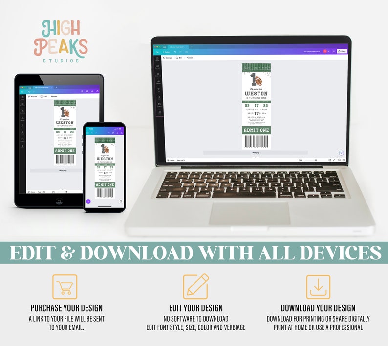 May include: A digital mockup of a printable football ticket invitation. The ticket is green and white with a football graphic and the text "Weston's 1st Football Game" and "03 17 23". The text "ADMIT ONE" is printed on the ticket. The mockup shows the ticket on a laptop, tablet, and smartphone.