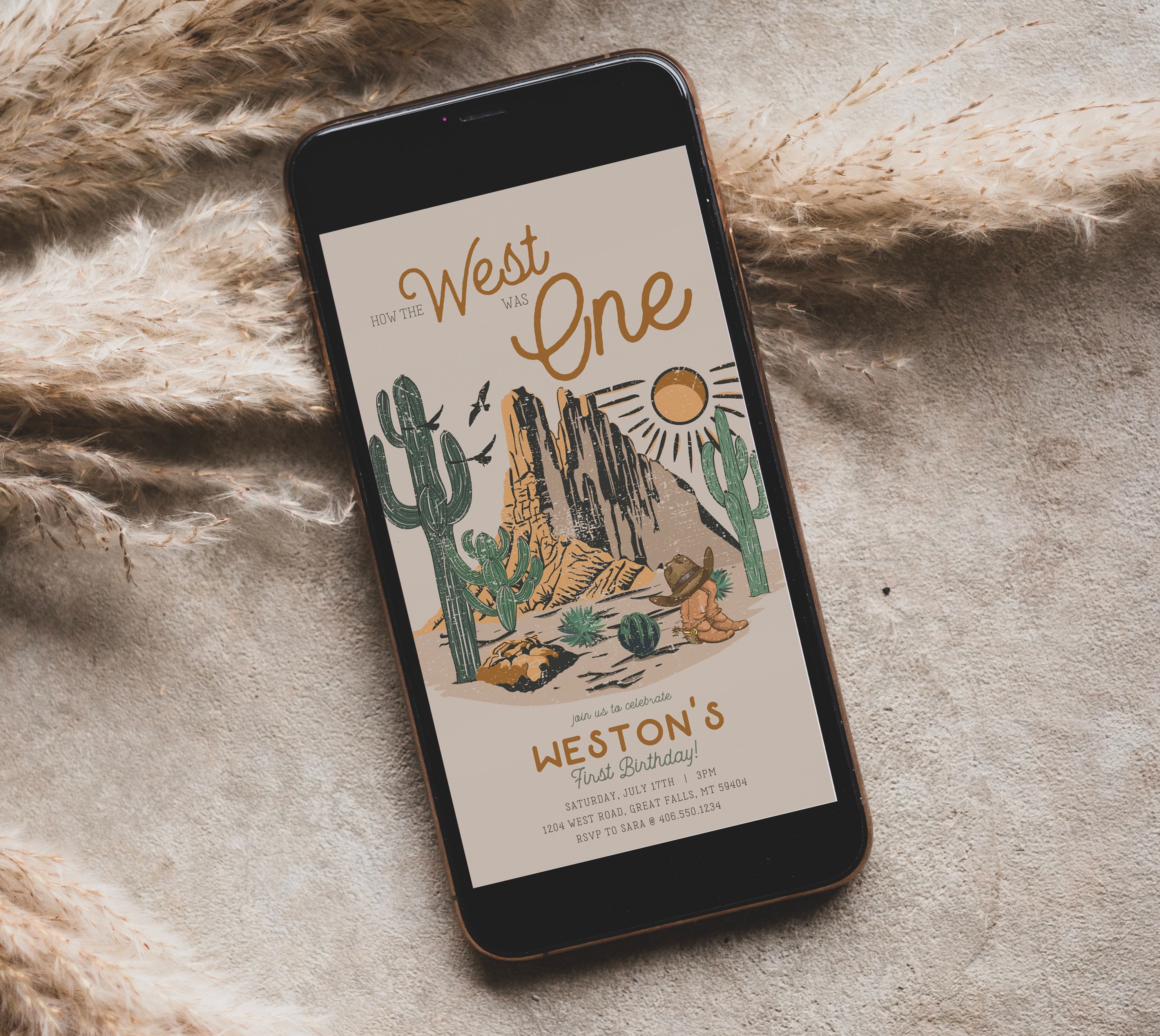 How the West was One Birthday EVITE,Western Cowboy First Birthday Invitation,Desert Wild West Canva Template,Digital Text Message,A151