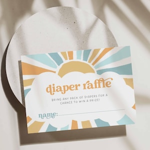 Here Comes The Son Luierloterijkaart bewerkbare sjabloon, Sonshine Diaper Shower, Boho Sunshine, breng een pakje luiers mee, bewerken in canvas, HPS57