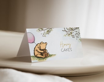 Editable Food Tent Template,Flat food label card,Classic Winnie the Pooh Baby Shower Girl,Birthday Place Card,pink balloon shower, a70g