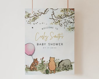 Editable Welcome Baby Shower Sign, Classic Winnie The Pooh Welcome Poster Printable,Winnie the Pooh girl,Edit all Text, Corjl Template,a70g