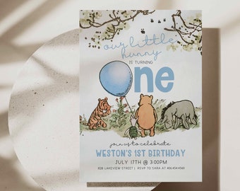 Classic Winnie the Pooh Birthday Invitation Template, Editable Winnie the Pooh First Birthday Invite, Vintage boy Digital File download,a70b
