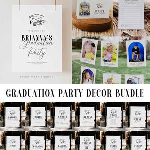 Pacote de decoração de placa de festa de formatura, placa de mesa de festa de formatura minimalista moderna, faixa de rótulo de alimentos para anos escolares, placa de boas-vindas, edição no Canva g20