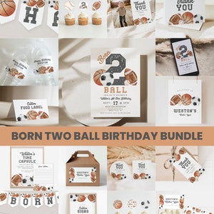 Born TWO Ball Birthday Invitation Bundle, Sport Party Decoration Printable Set, Vintage Multi Sport Party Theme,Digital Canva Files a121