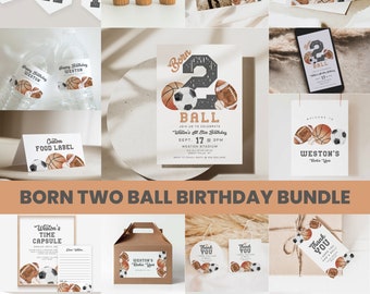 Born TWO Ball Birthday Invitation Bundle, Sport Party Decoration Printable Set, Vintage Multi Sport Party Theme,Digital Canva Files a121