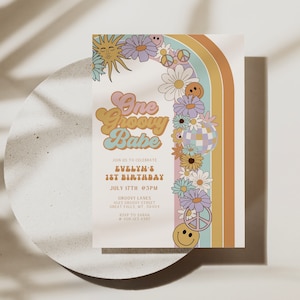 One Groovy Babe Birthday Invitation Printable Template, First Birthday Girl Invite, Pink Daisy Rainbow Hippie Party Digital File, Canva,a160
