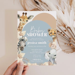 Editable Boho Safari Baby Shower Invitation, Jungle Animal Baby Shower Invite Template, Baby Blue and Muted Earthy Beige, DIY Corjl File,a72