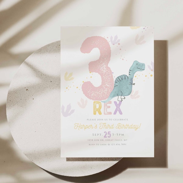 Three Rex Birthday Invitation Girl, Pastel Dinosaur Birthday Invite Tyrannosaurus T-Rex Prehistoric Dino Canva Template Digital File HPS12