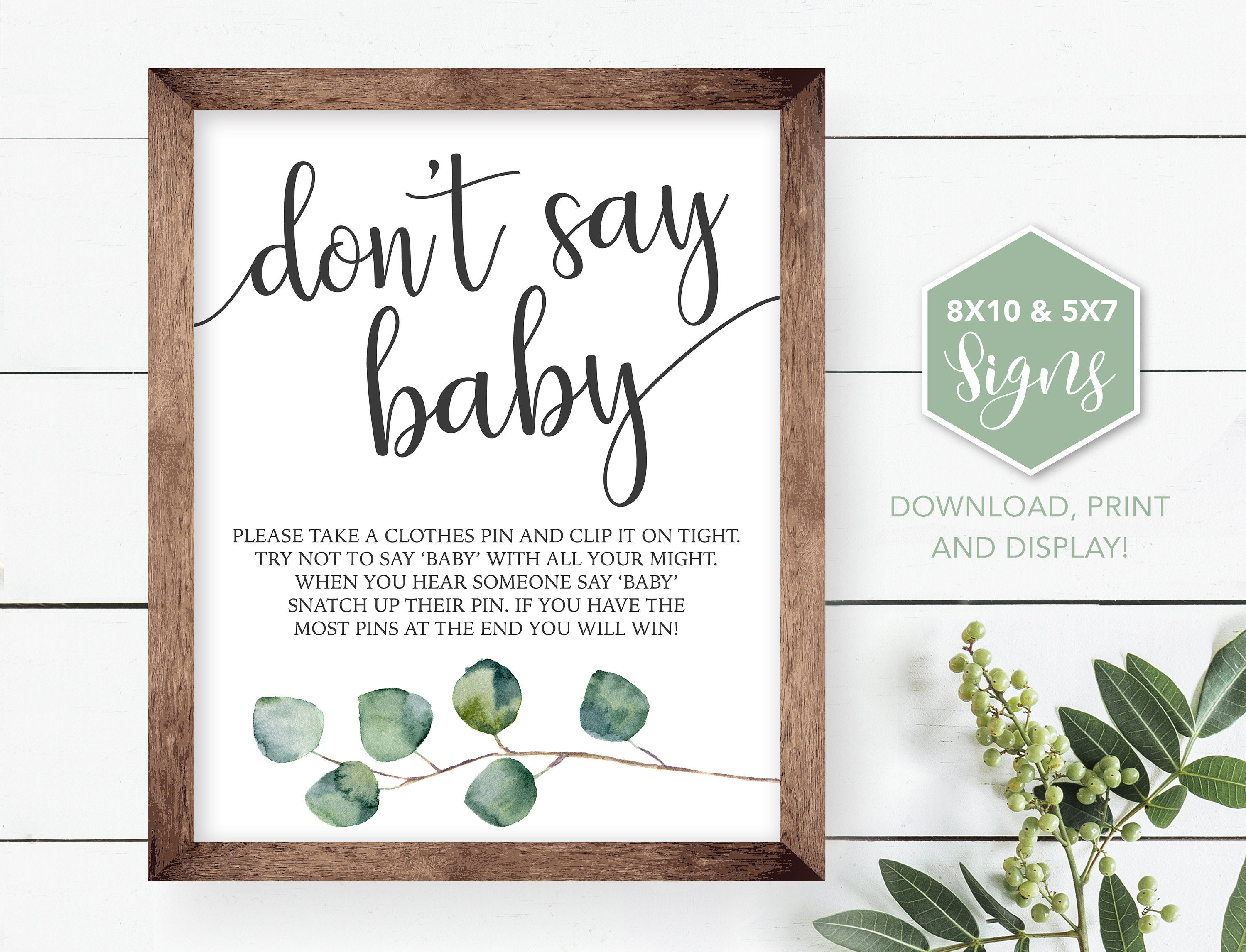 Don't Say Baby Game Sign Clothes Pin Game Greenery Baby Etsy